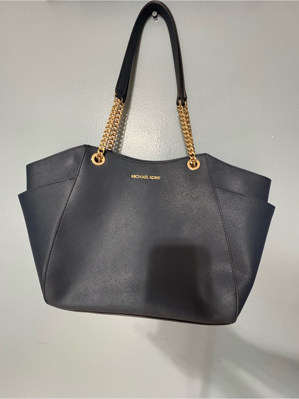 Michael Kors Black Saffiano Leather Tote with Gold Chain Handles